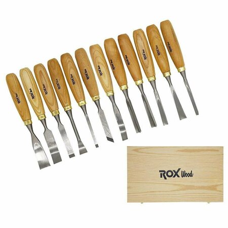 ROX WOOD Wood Carving Hand Chisel Tools with Wooden Storage Case - 12 Piece RO298300